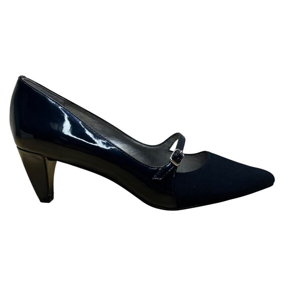 Tahari Women’s Midnight Navy Patent Leather Mary Jane Pointed Toe Pumps Sz 6.5M - Picture 1 of 10